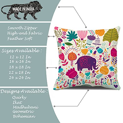 STITCHNEST Unique Cute Elephant Cartoon Blue Printed Canvas Cotton Cushion Covers, Set of 5 (16 x 16 Inches) 5 514geTyH1+L