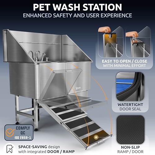 Image of KANIS Professional Dog Washing Station 304 Stainless Steel Pet Wash Sink & Grooming Bathtub w /Shower, Floor Grates and Storage for Large, Medium & Small Pets (Silver, 50 Inches, Left Ramp, 1 Drawer)
