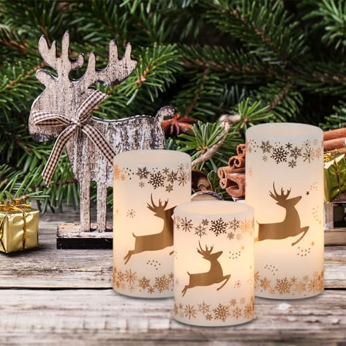 Image of GenSwin Christmas Flameless LED Flickering Candles, Real Wax, Gold Deer, 3 Pack Pillar Fake Candles for Winter Indoor Fireplace Decor (D3' x H4'5'6')