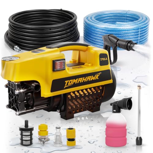 Image of Tomahawk TPW-A Induction Motor Pressure Washer - 130 Bar High Pressure, 1900W Deep Cleaning Power | 1-Line Compact Washer with 8m Hose, Pressure Gauge & Foam Bottle for Car, Bike & Home