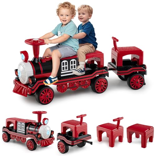 COSTWAY 12V Train Porteur Électrique Enfant 3 Places avec 2 Sièges Amovibles, 1 Locomotive & 1...