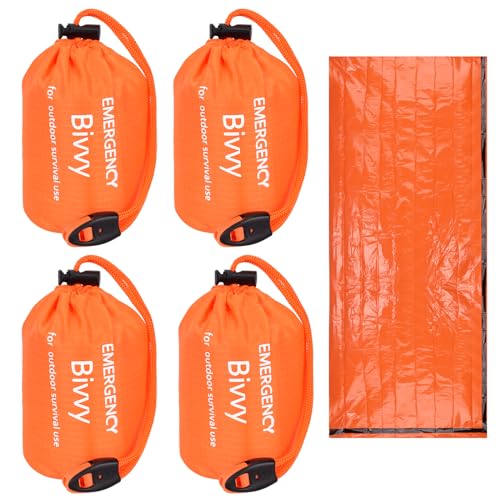 Emergency Sleeping Bag 4 Pack Survival Sleeping Bag with Whistles Thermal Emergency Bivy Sack Sleeping Bags Portable Emergency Blanket for Outdoor Hiking Camping (Orange)