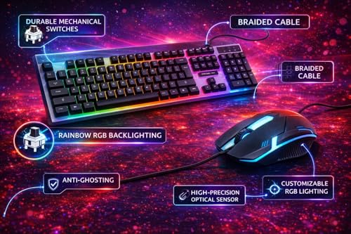 Image of Gaming Keyboard and Mouse Combo, RGB Rainbow Backlit, Mechanical Switches, Wired USB, Anti-Ghosting, High-Precision Optical Sensor, Braided Cable, XK-01