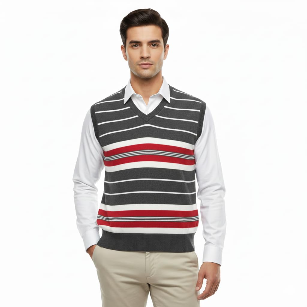 Men’s V-Neck Sleeveless Striped Sweater Vest | Soft Knitted Wool Blend Winter Wear | Lightweight Regular Fit Pullover for Office & Casual Layering-picture-52