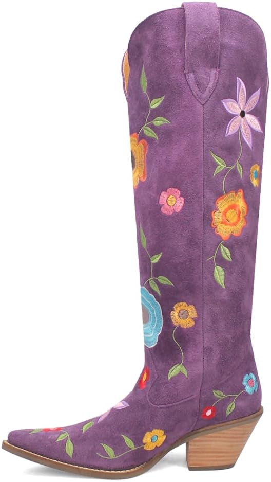 Dingo Womens Flower Power Embroidered Floral Snip Toe Pull On Casual Boots Over the Knee Mid Heel 2-3"
