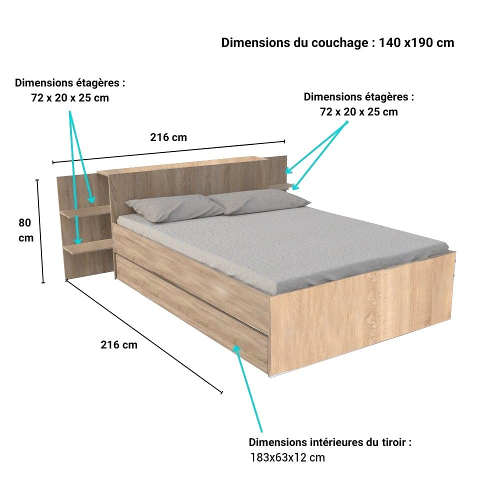 WEBER INDUSTRIES Lit City 140x190 + tête de lit Chevet + 1 tiroir/Décor Chêne Blanchi