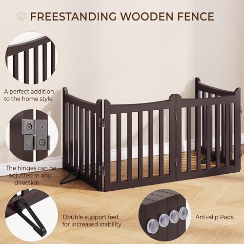Image of Yaheetech 24in 4-Panel Wooden Freestanding Pet Gate for Indoors Espresso | Dog Fence with 2 Support Feet for Stairs /Doorways /Halls /Kitchen, Foldable for Storage,Easy Assembly,Ideal for Small Pets