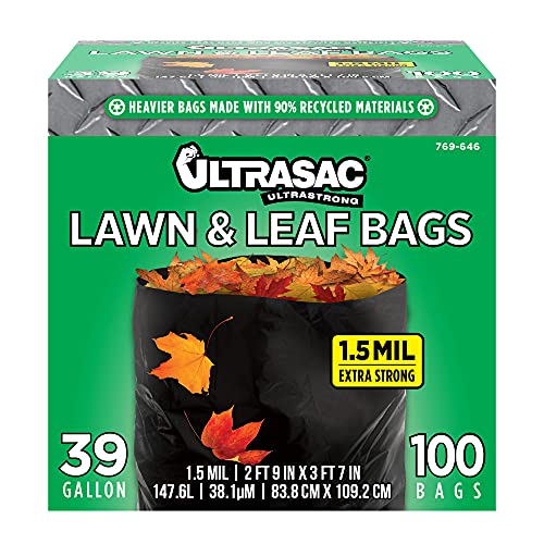 Aluf Plastics - AM LAWN AND LEAF Lawn and Leaf Bags by Ultrasac - 39 Gallon Garbage Bags (HUGE 100 Pack /w Ties) 43' x 33' Heavy Duty Industrial Yard Waste Bag - Professional Outdoor Trash Bags for Contractors and more, Black, 1 -(Pack of 100) (769646)