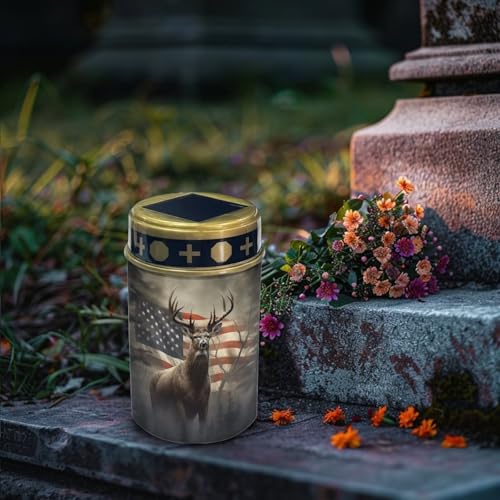Image of Poceacles Outdoor Lights Solar Powered Flameless Candle Cemetery Votive Candles Waterproof Outdoor Memorial Candle Solar Stake Lights 4th of July Patriotic Decor, Deer American Flag Retro, Pack of 4