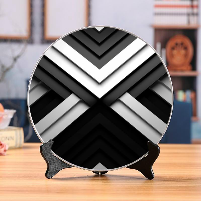 DNOVING Minimalist Black and White Geometric Design Ceramic 10-inch Decorative Plate for Home & Office, with Stand & Hook DP-001688815