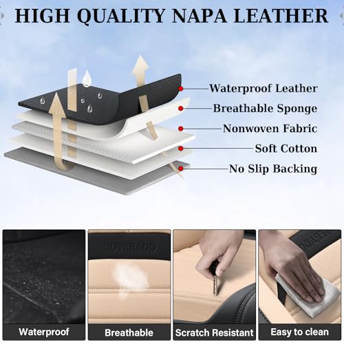 Image of Coverado Waterproof Nappa Leather Car Seat Covers, Automotive Seat Covers,Front Car Seat Cushion & Car Seat Protector, Seat Covers Universal Fit for Most Cars, SUVs,Trucks,Black&Beige
