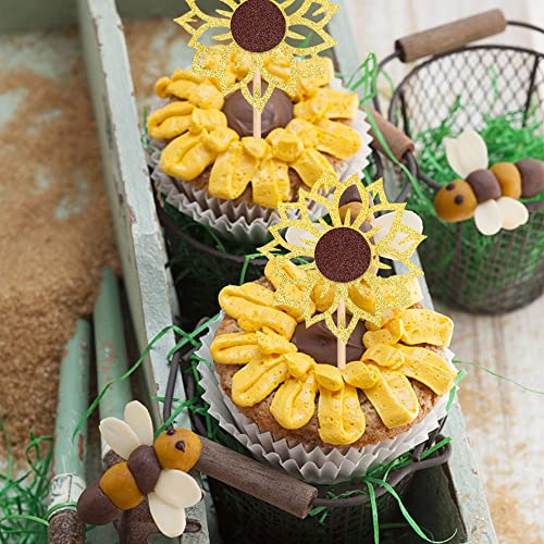 24 Pcs Sunflower Cupcake Toppers Glitter Flower Theme Cupcake Picks For Baby Shower Kids Boys Girls Birthday Party Cake Decorations Supplies #TOP3
