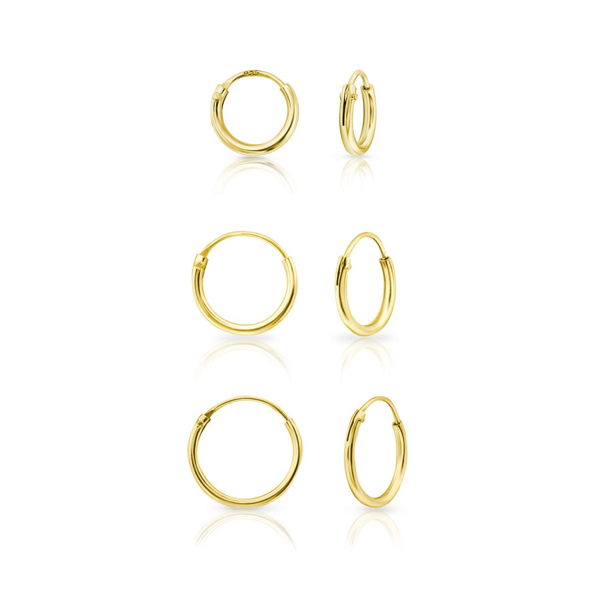 DTPsilver® 3 Paare WINZIGE Creolen Ohrringe 925 Sterling Silber, Gelb Vergoldet oder Rosen-Gold überzogen - Knorpel/Wendel/Tragus - Dicke 1.5 mm - Außendurchmesser: 8, 10, 12 mm