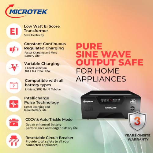 Image of Microtek Super Power NEW 900 Pure Sine Wave Inverter 800VA /675W, 12V Home UPS for Home, Office & Shop | Supports Tubular, Flat Plate & SMF Battery | Wide Input Voltage | 3 Years Warranty