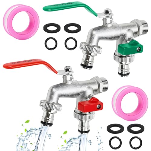 NINGYER 2 Pezzi Rubinetto da Giardino, 1/2' und 3/4' Doppio Rubinetto Giardino con 4 Raccordi per Tubi Flessibili 4 Anello di Tenuta 2 Rotoli di Nastro Sigillante per Giardini, Lavatrici
