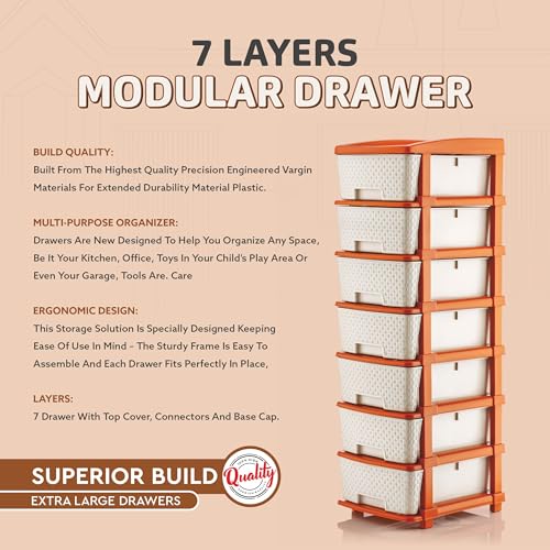 Image of HORPIN 7-Layer Plastic Drawer Storage Organiser | Modular Kitchen & Toy Organizer For Kids Room | Home, Office, Parlor, School, Doctors, Home And Kids | Brown & White (7XL Set)