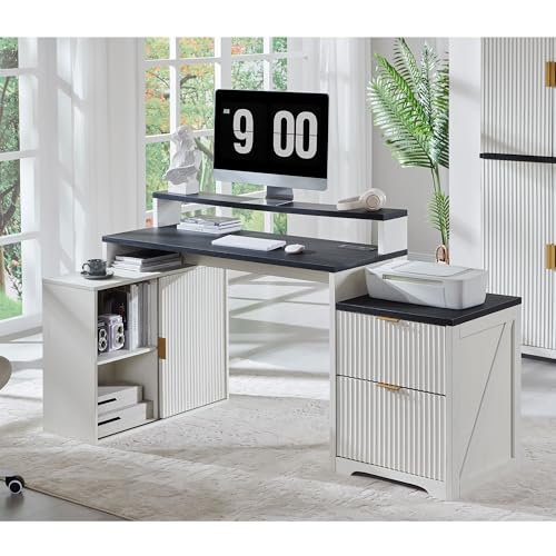 Image of 67 inchFluted Desk with Cabinet & 2 Drawers, Modern Office Desk Built‑in Outlet | Wood Home Office Desk, storage cabinet with sliding doors, Fluted Computer Writing Desk, Antique White