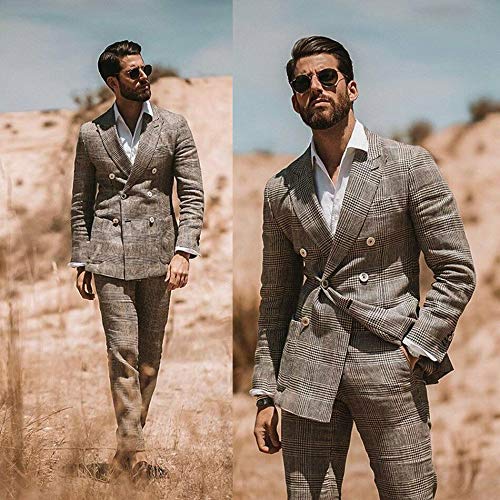 UMISS Men's Plaid Two Piece Suit Double Breasted Peak Lapel Vintage Fashion Tuxedo2