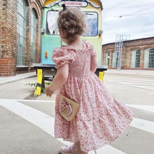 Toddler Girls Floral Dress Square Neck Puff Sleeve A-Line Smocked Dress with Bag Toddler Girls Summer Outfits3