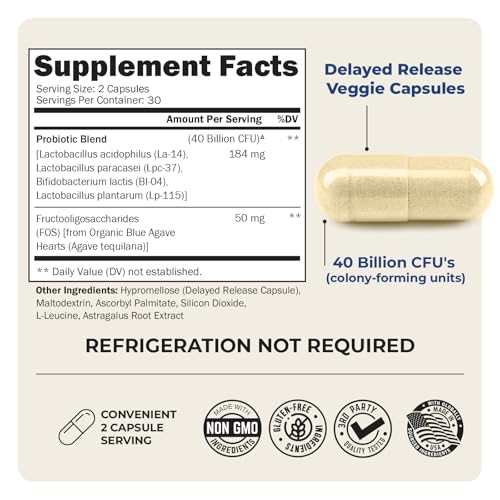 Probiotic 40 Billion CFU. Guaranteed Potency until Expiration - Patented Delay Release, Shelf Stable - Lactobacillus Acidophilus - Gluten Dairy Free for Women Men - No Refrigeration - Digestive Health