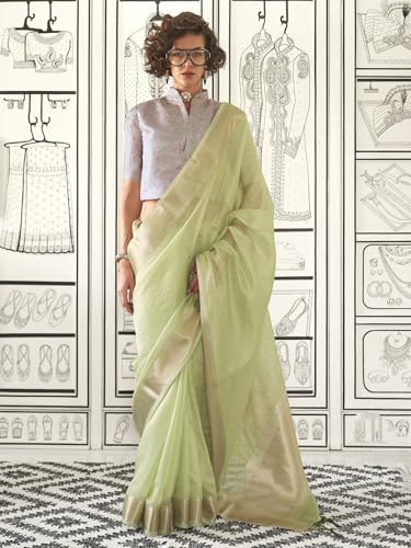 Image of MADHUHANSH Women's Cotton Linen Saree with Unstitched Blouse Piece and Solid Pattern | Mithila Painting Saree | Saree for Haldi Ceremony