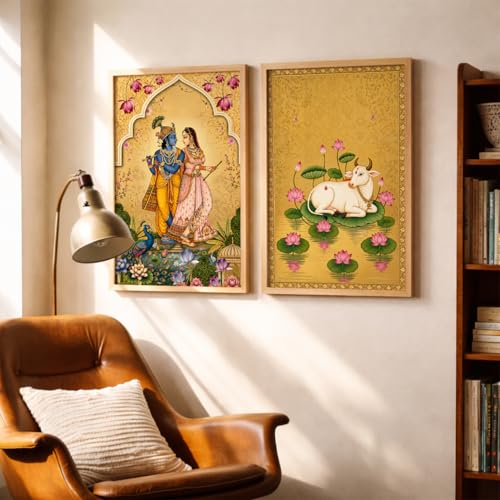 Image of TheMakerly Traditional Indian Wall Painting Set of 2 | Radha Krishna Wall Art Frames | Vintage Religious Wall Decor for Living Room Bedroom Home Temple (KR03, 13x19 inches)