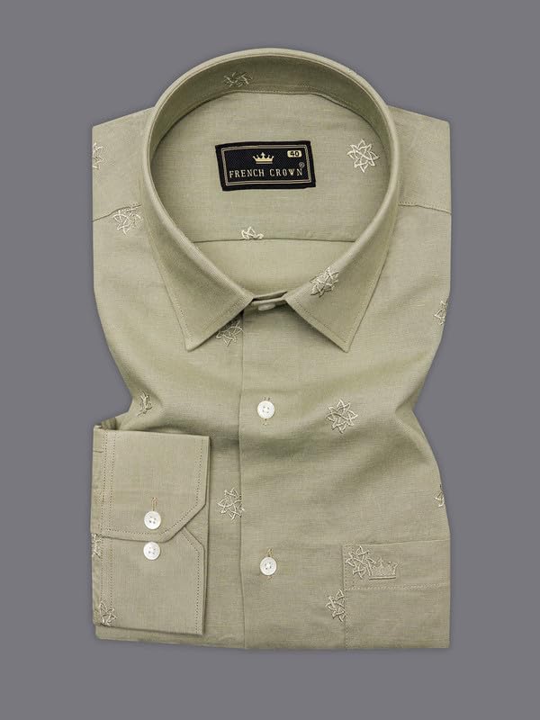Image of FRENCH CROWN Men's Green Linen Regular Fit Full Sleeves Casual Shirt