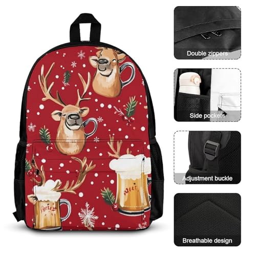 Beer Mugs Reindes Red Christmas Backpack 3 Set with Lunch Bag Insulated Shoulder Meal Tote Bags Pencil Case Box Casual Daypack3