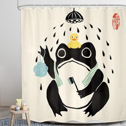 Lghtyro Funny Frog Shower Curtain Bathroom Set 71Wx71H Inches Asian Traditional Japanese Art Cute Animal Bath Style Rubber Duck Bath Accessories Retro Black Beige Art Home Decor Fabric 12 Pack Hooks thumb #2