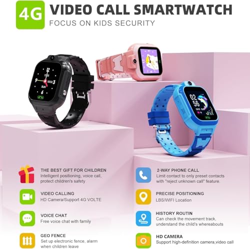 Image of BIGASUO 4G Kids Smart Watch GPS Tracker - Smartwatch with Two Way Call Video Calling Voice Chat SOS Class Mode Stopwatch Pedometer Games Wi-Fi Touch Screen Alarm Clock Smartwatches (BG68)