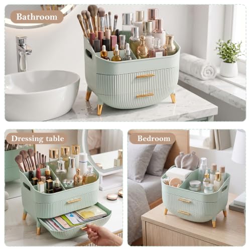 Makeup Organizer Countertop, Skincare Organizer with Drawers for Vanity | Large Capacity Cosmetic Display Cases with Handle, Make up Storage Box for Bathroom, Dresser Counter, Gifts for Women(Green) - image 3
