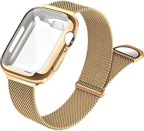 Mesh Magnetic Metal Band with Case Compatible with Apple Watch Bands 42mm,Sport Adjustable Stainless Steel Closure Milanese Loop Strap for Women Men Compatible for iWatch Series 3/2/1,Gold