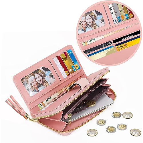 Image of Women's Wallets RFID Blocking Card Case Clutch Wallet for Women with Multiple Card Holder and Cellphone Compartment, Sakura Pink