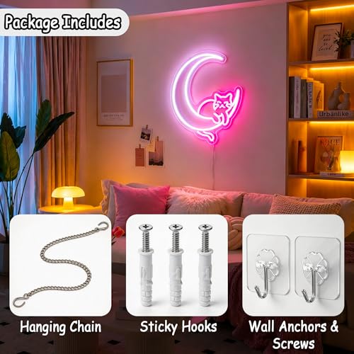 Image of Pink&White Neon Sign Led Neon Lights Signs for Wall Decor USB Powered Led Signs for Room Decoration-Moon Cat