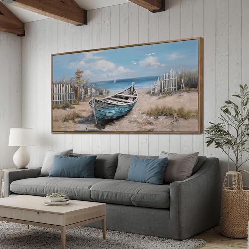 Ardemy Framed Canvas Wall Art Extra Large Boat Bedroom Pictures Wall Decor Living Room, Beach Seascape Paintings Wall Decor Textured Artwork for Kitchen Dining Room Home Office, 40"x20" 40"L