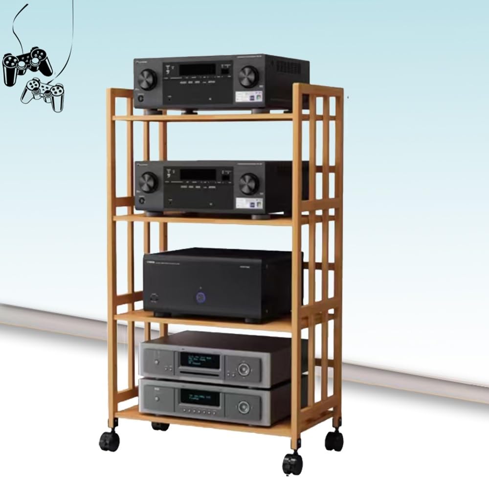 Mobilny 4-poziomowy stojak audio z regulowanymi półkami i kółkami – stylowa szafka do przechowywania multimediów na duży sprzęt i komponenty audio/wideo, idealna do konfiguracji kina domowego