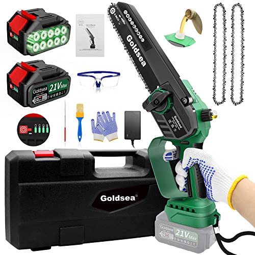 Goldsea Akku Kettensäge, 8 Zoll Mini Kettensäge mit Akku Öltank Max 21V 4.0Ah, Bürstenloser Motor, Werkzeuglose Kettenspannung und Automatische Kettenschmierung, Akkustand-Anzeige, Tragbar Motorsäge Cover