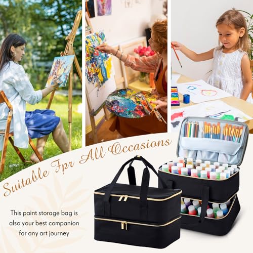 Image of Abbylike Acrylic Paint Organizer Case for up to 56 Bottles (2 Oz) Double Layer Art Supply Storage Bag Alcohol Ink Storage Paint Carry Case with Foam Insert and Inner Pocket(Black)