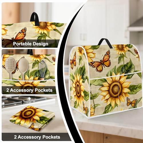 Image of Kitchen Dust Cover Compatible with 4.5 5 6 8 quart Stand Mixer, Kitchen Appliance Protective Covers with Top Handle and Pocket (Sunflower Butterfly, For All 6-8 qt Mixer)
