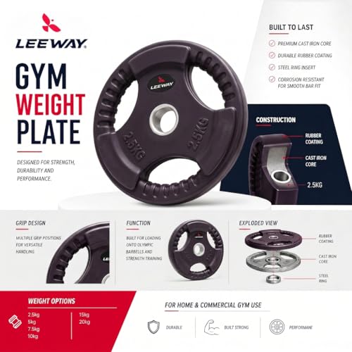 Image of LEEWAY Color Rubber Weight Plates (2.5kg x 2) | 31mm Dia | Rubber Coated Metal Integrated Weights For Barbell Rod | Standard Rod Compatible Dumbbell Spare Gym Weight Plates for Home Gym Equipment Workout (2.5kg Pair (2.5X2))