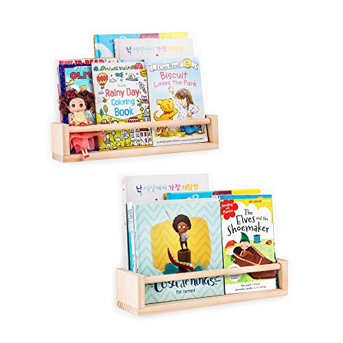 Image of AITUFIY Wall Mount Books Organizer Storage Ledge Shelf (Set of 2),Floating Wall Shelves,Spice Rack-Natural Wood No Painted