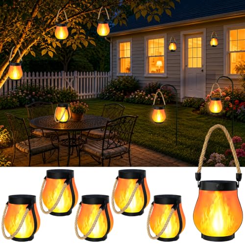 6 Pack Solar Lanterns Outdoor Waterproof Solar Flame Lanterns with 2 Modes