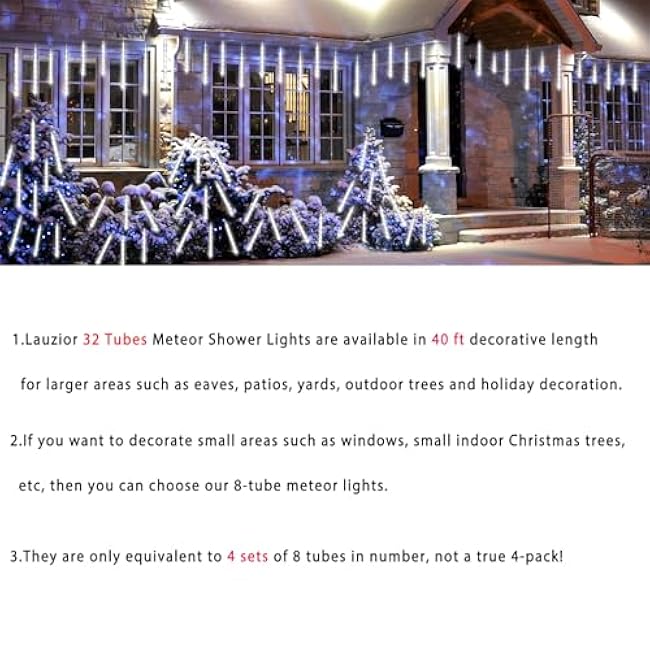 Christmas Decoration Outdoors- 32 Tubes (Equivalent to 4 Sets of 8-Tubes) Meteor Shower Rain Lights, White Falling Rain Lights for Christmas Decor Xmas Tree Halloween Yard Wedding Party, UL Plug