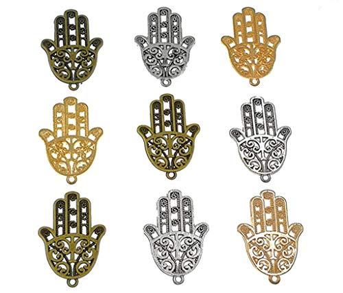 30pcs Filigree Hamasa Hand Charm,Jewish Hamesh Hamsa Hand Pendant Connector for DIY Necklace Bracelet Jewelry Making Findings(3 Assorted Colors)