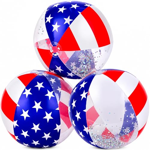 Floatify USA Beach Balls - 3 Pack - Patriotic Beach Balls for Pool - American Flag Design Inflatable Swimming Pool Floaties with Glitter Inside - Decorations for Memorial Day, July 4th Party Favors