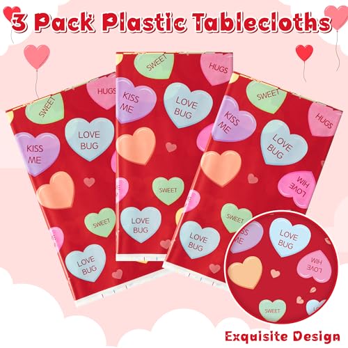 Image of Valentine's Day Table Cover - 3 Packs Valentine's Day Themed Waterproof Disposable Plastic Tablecloth Rectangle Table Cloths School Holiday Party Favors Classroom Decoration Supplies Banner