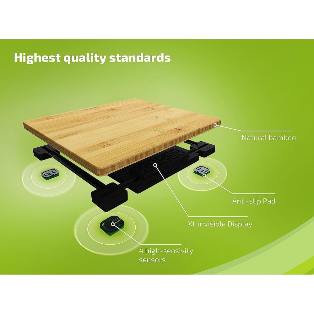 Person's feet stepping onto the Soehnle Style Sense Bamboo Magic Digital Bathroom Scale