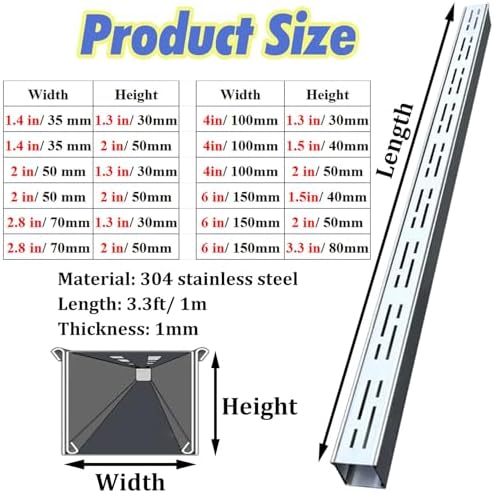 Slim Channel Drain Kit - 1m Long Stainless Steel Low Profile Drainage System for Outdoor Patios, Balconies, Backyards, Pool Areas, Waterproof Solutions