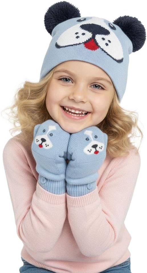 A2Z 4 Kids Girls Boys Hat Dog Animal Mitten Set Durable Stylish Winter Warm Cozy Comfortable Beanie Caps Mitten Sets