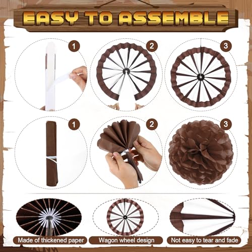 Image of Outus 21 Pcs Western Cowboy Party Decorations Paper Fans Wagon Wheels Decorations Brown Paper Pom Poms Country Western Hanging Fans Tissue Flower for Wild Cowboy Themed Birthday Party Supplies Decor